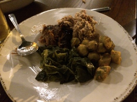 Outside brown, Eastern chopped, fried okra, and collards.  Photo by "Hominy" Halpern.